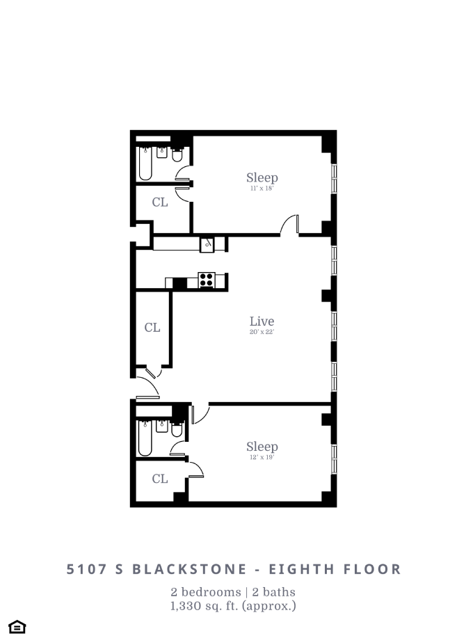 Floor plan for 2 beds, 2 baths, 1330 sqft